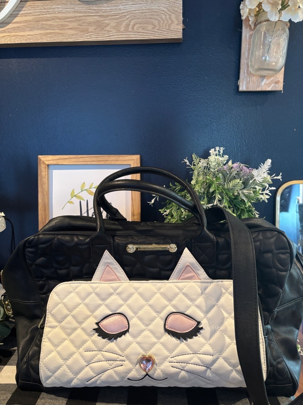 Betsy Johnson Quilted Black Travel Bag with White Cat Face Front Pocket - Picture 2 of 7